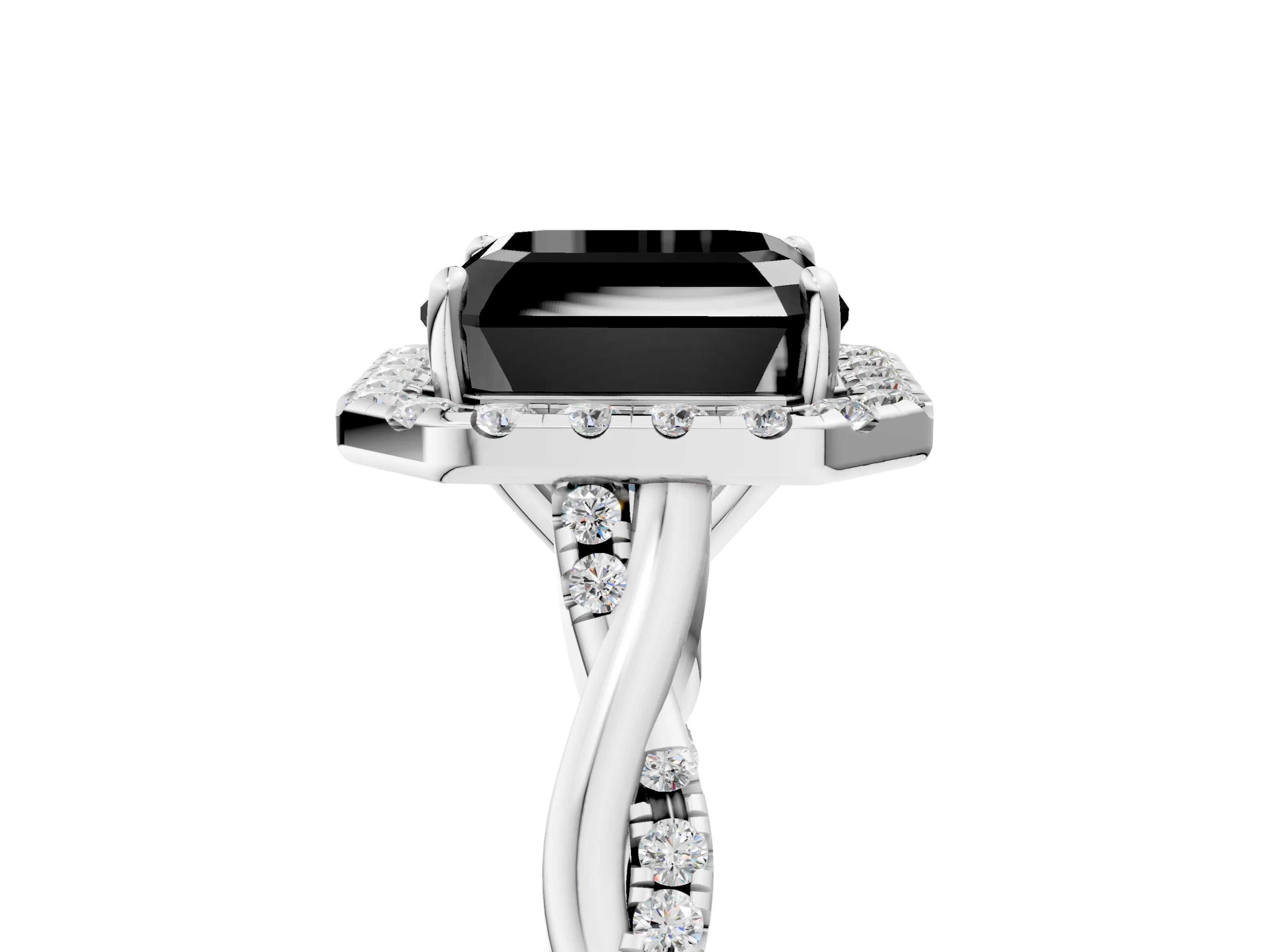 White gold Fancy Black Asscher Cut Halo Twist Band with Four-Prong Setting_77