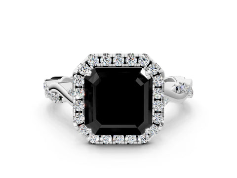 White gold Fancy Black Asscher Cut Halo Twist Band with Four-Prong Setting
