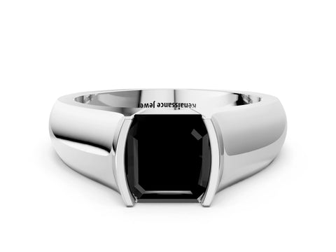 White gold Fancy Black Asscher Cut Solitaire Bezel Set Diamond Ring with Wide Band