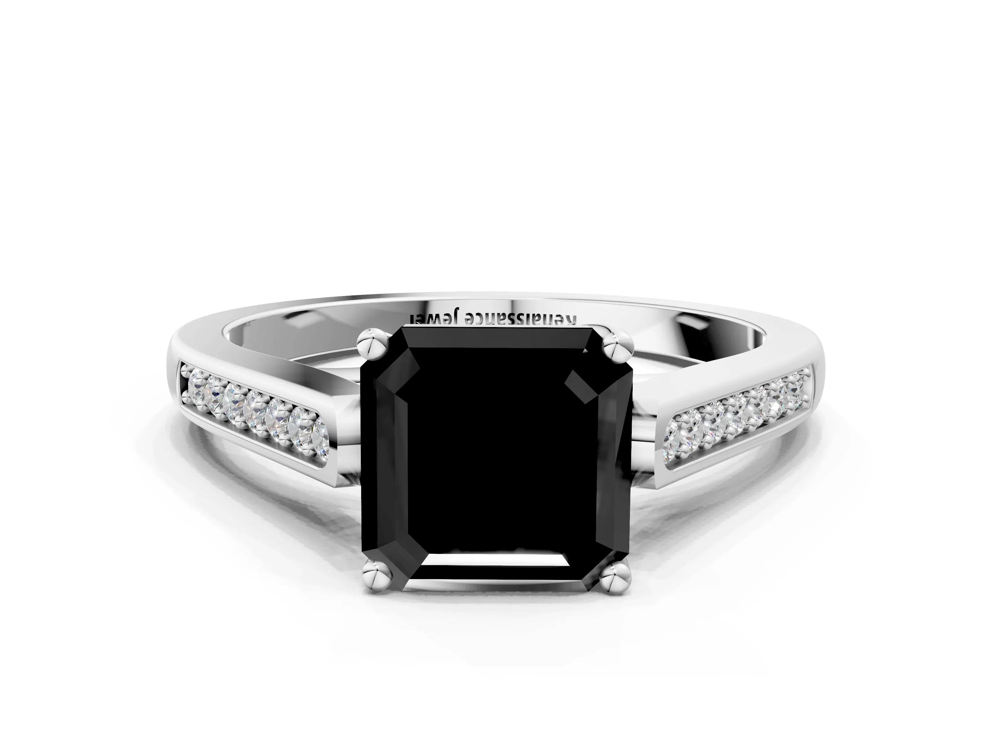 White gold Fancy Black Asscher Cut Solitaire Cathedral Diamond Engagement Ring with Channel-Set Band and Four-Prong Setting_15