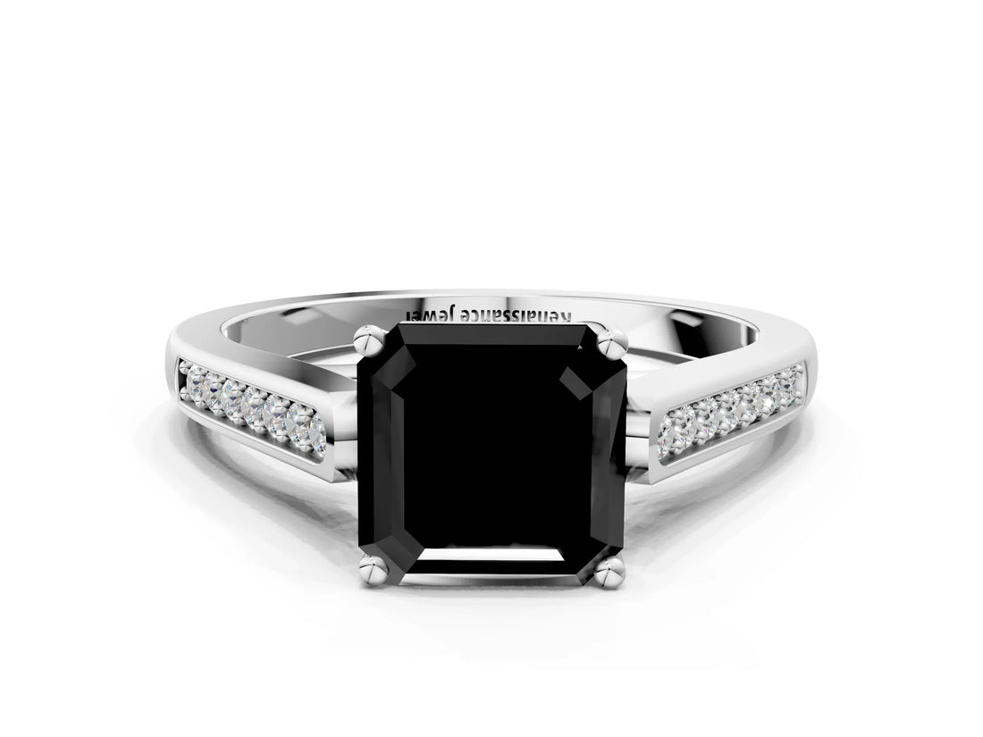 White gold Fancy Black Asscher Cut Solitaire Cathedral Diamond Engagement Ring with Channel-Set Band and Four-Prong Setting_15