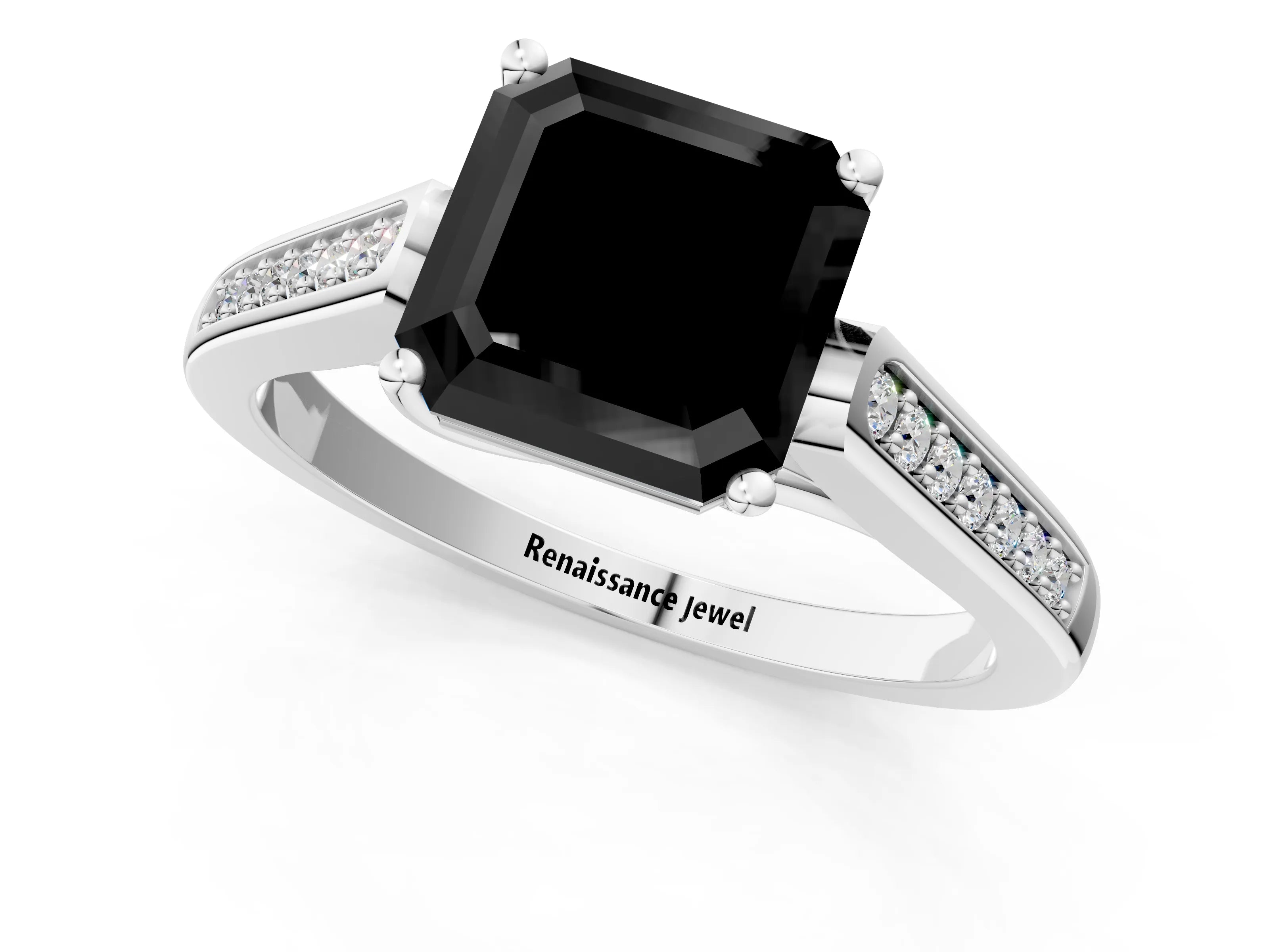 White gold Fancy Black Asscher Cut Solitaire Cathedral Diamond Engagement Ring with Channel-Set Band and Four-Prong Setting_16