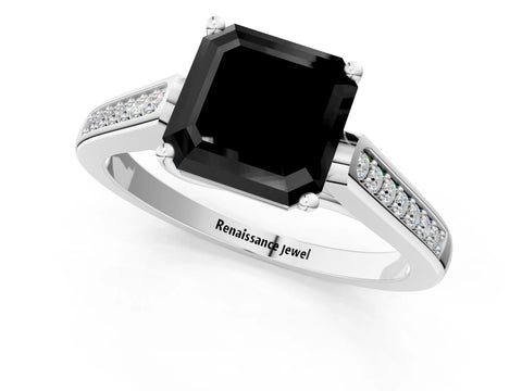 White gold Fancy Black Asscher Cut Solitaire Cathedral Diamond Engagement Ring with Channel-Set Band and Four-Prong Setting_16