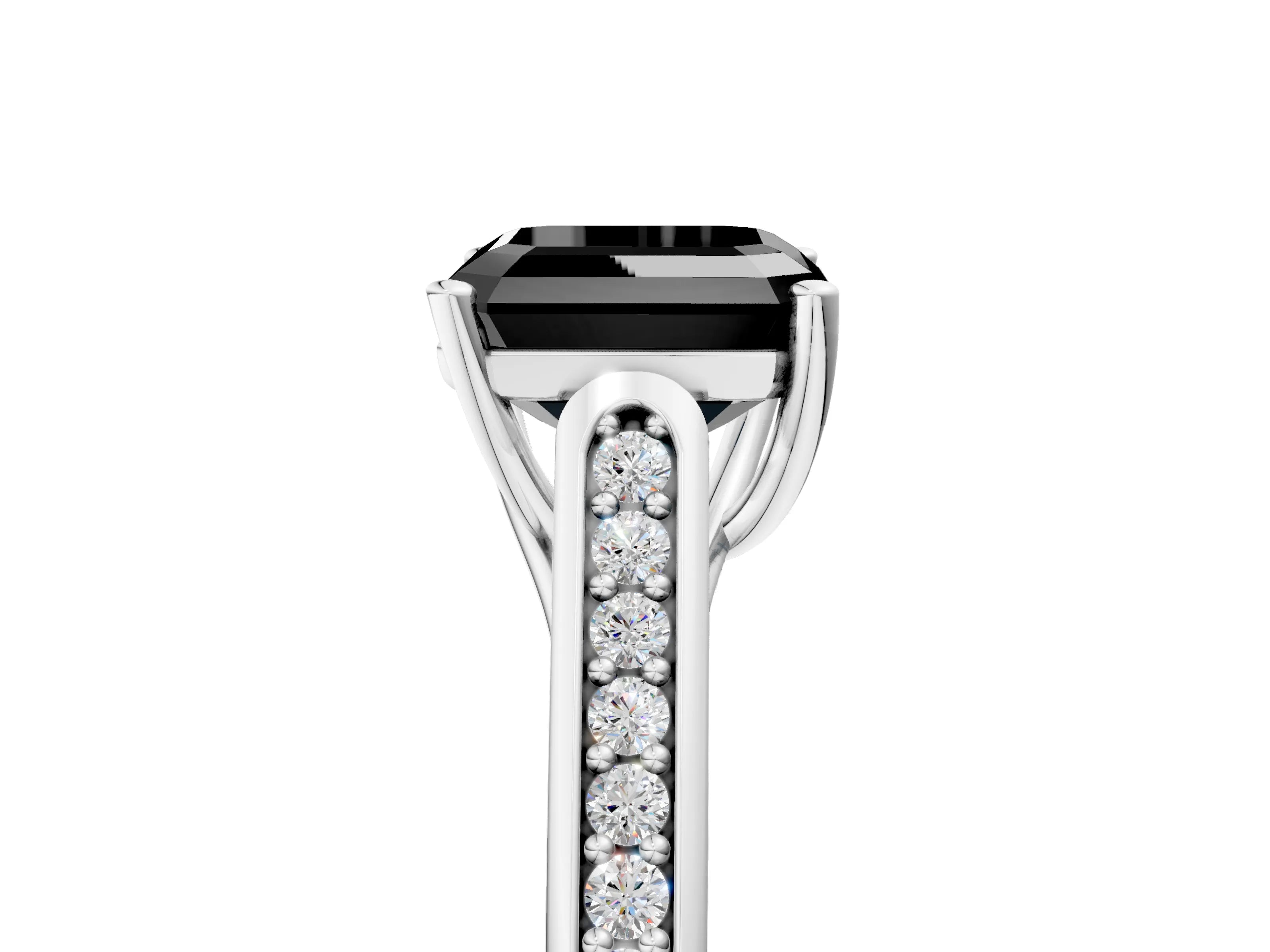 White gold Fancy Black Asscher Cut Solitaire Cathedral Diamond Engagement Ring with Channel-Set Band and Four-Prong Setting_20