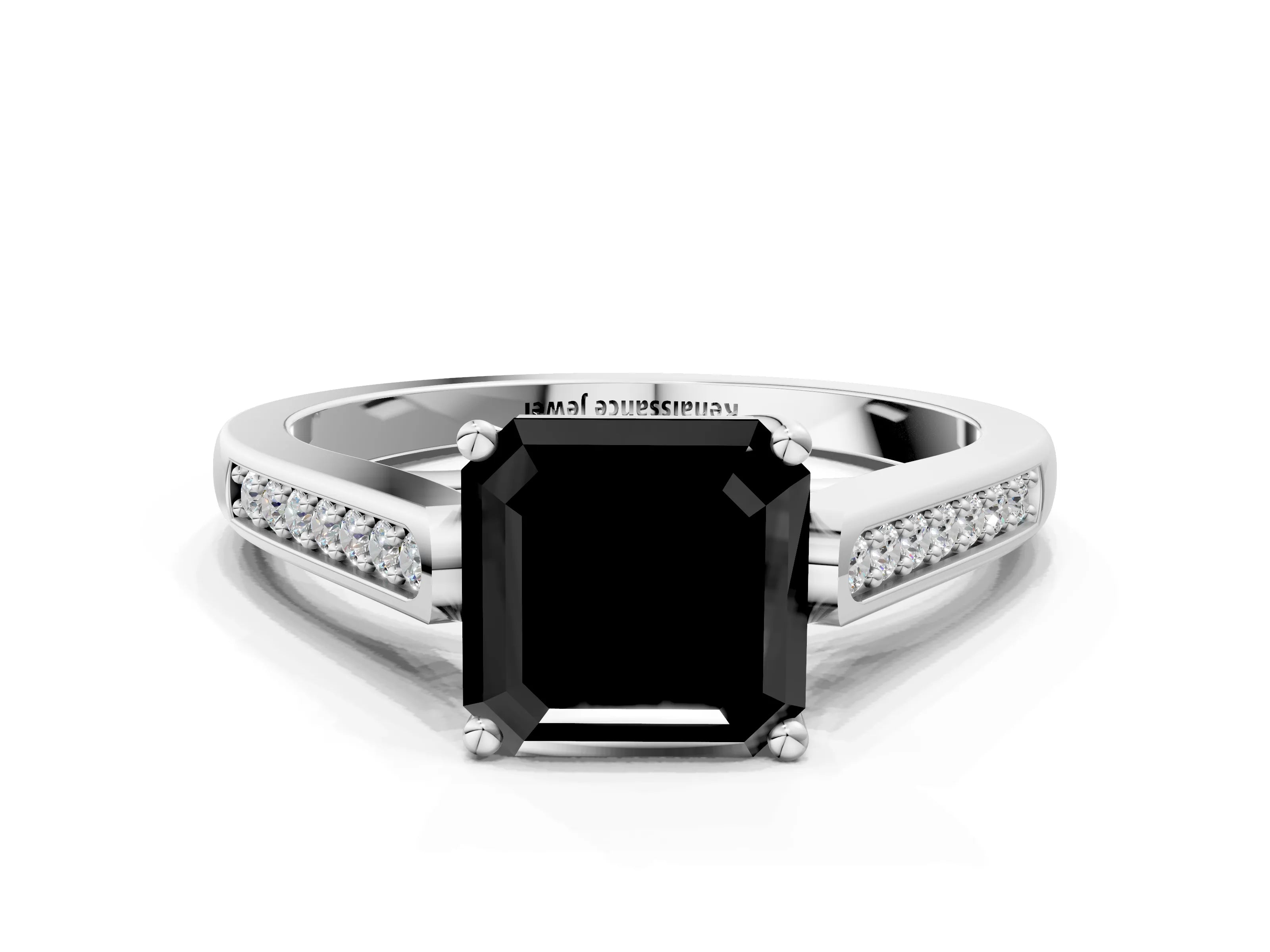 White gold Fancy Black Asscher Cut Solitaire Cathedral Diamond Engagement Ring with Channel-Set Band and Four-Prong Setting_3