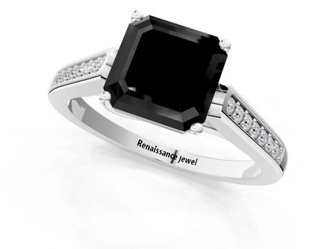 White gold Fancy Black Asscher Cut Solitaire Cathedral Diamond Engagement Ring with Channel-Set Band and Four-Prong Setting_4