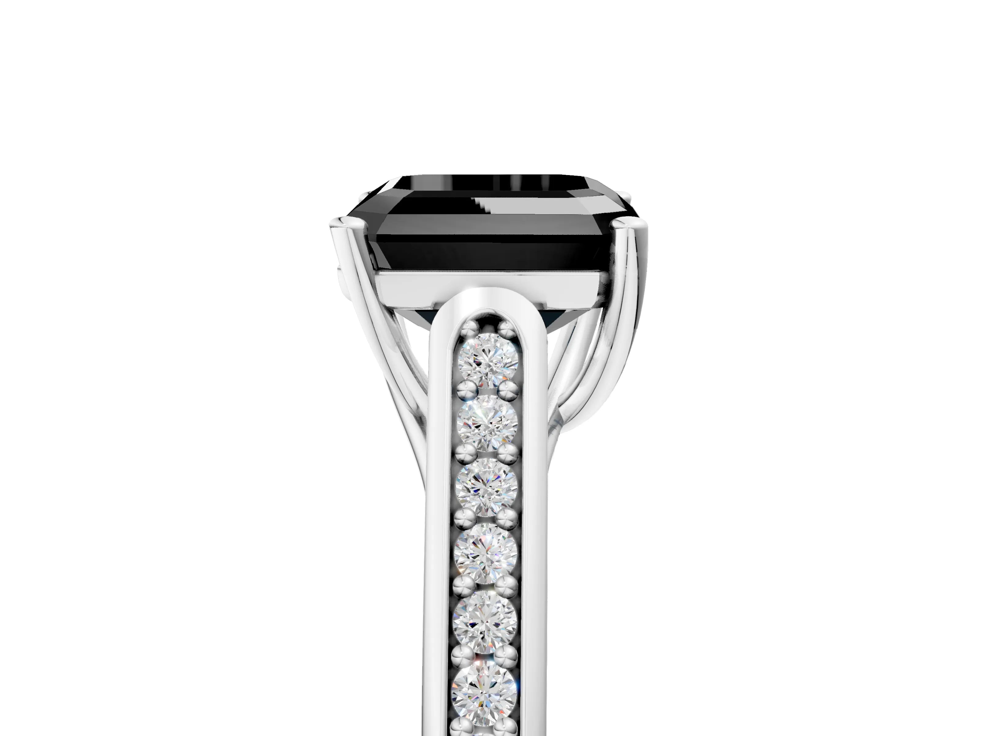 White gold Fancy Black Asscher Cut Solitaire Cathedral Diamond Engagement Ring with Channel-Set Band and Four-Prong Setting_8