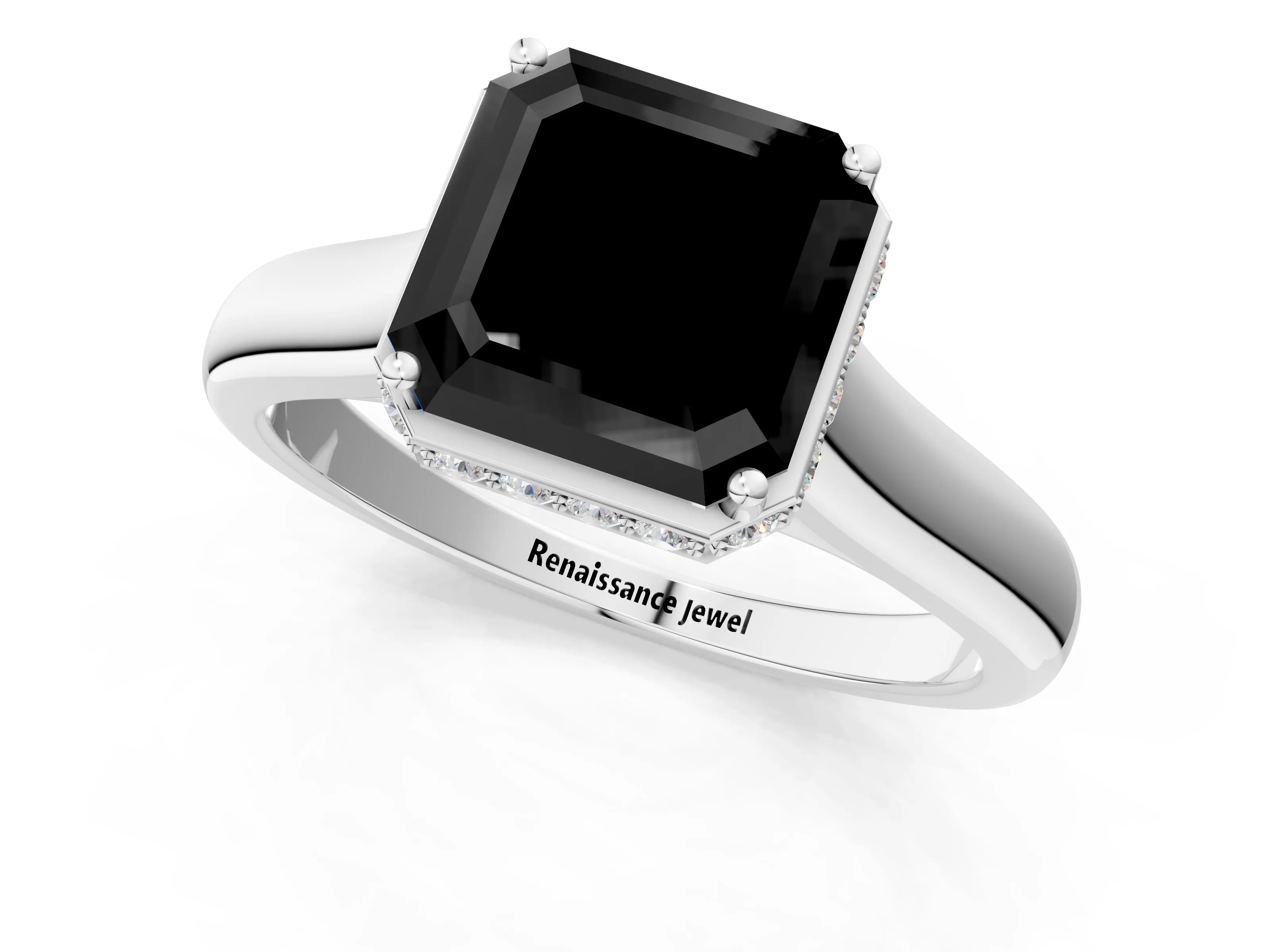 White gold Fancy Black Asscher Cut Solitaire Diamond Engagement Ring with Four-Prong Setting and Tapered Band_13