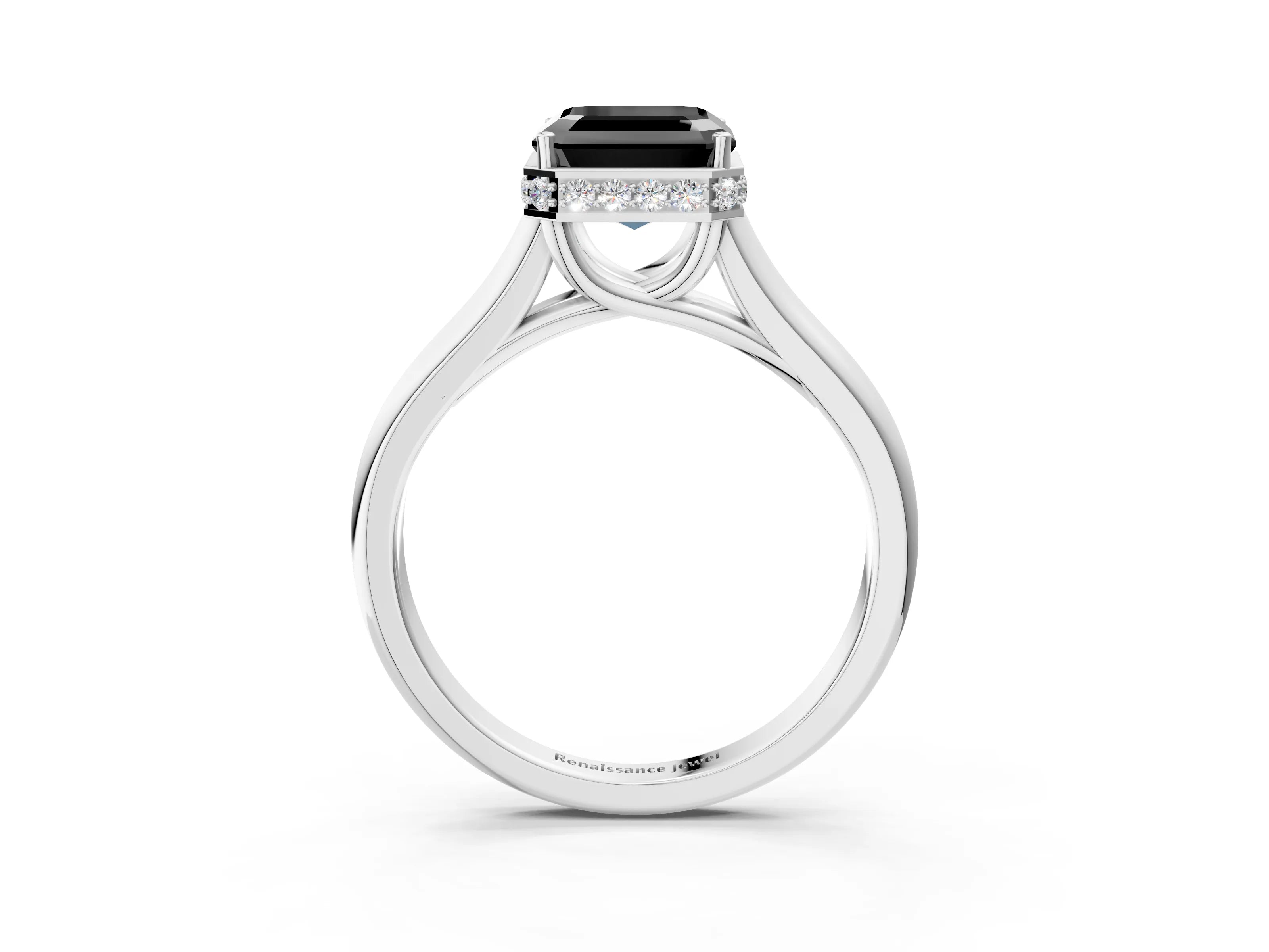 White gold Fancy Black Asscher Cut Solitaire Diamond Engagement Ring with Four-Prong Setting and Tapered Band_15