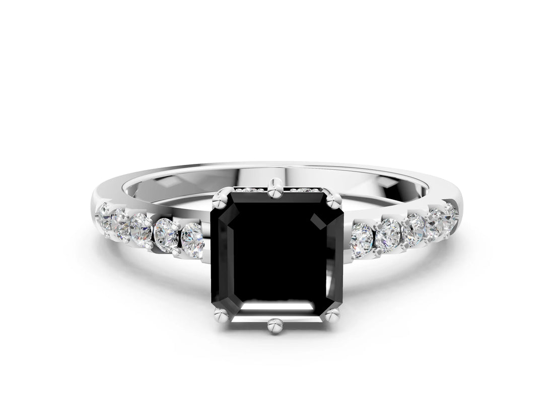 White gold Fancy Black Asscher Cut Solitaire Diamond Engagement Ring with Pavé Band and Six-Prong Setting_120