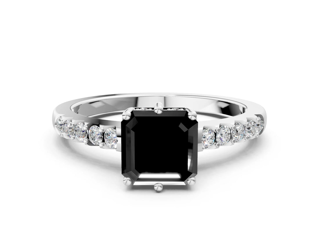 White gold Fancy Black Asscher Cut Solitaire Diamond Engagement Ring with Pavé Band and Six-Prong Setting_48