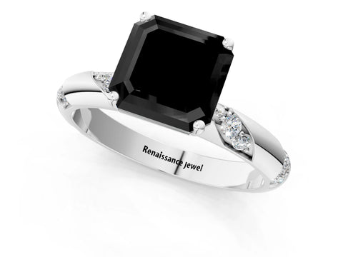 White gold Fancy Black Asscher Cut Solitaire Diamond Engagement Ring with Twisted Pave Band and Four-Prong Setting_20