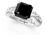 White gold Fancy Black Asscher Cut Solitaire Diamond Leaf-Inspired Vine Band Ring with Prong Setting_1