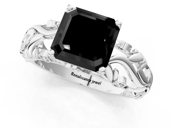 Platinum Asscher Cut Leaf Vine Solitaire Engagement Ring Setting for Black Center