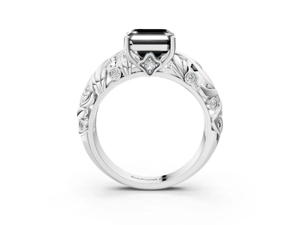 Platinum Asscher Cut Leaf Vine Solitaire Engagement Ring Setting for Black Center