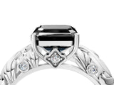 White gold Fancy Black Asscher Cut Solitaire Diamond Leaf-Inspired Vine Band Ring with Prong Setting_4