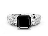 White gold Fancy Black Asscher Cut Solitaire Diamond Leaf-Inspired Vine Band Ring with Prong Setting