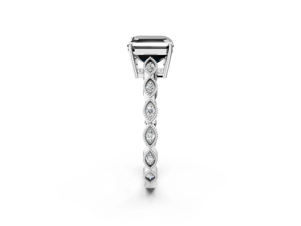 White gold Fancy Black Asscher Cut Solitaire Diamond Ring with Infinity Twist Band and Four-Prong Setting
