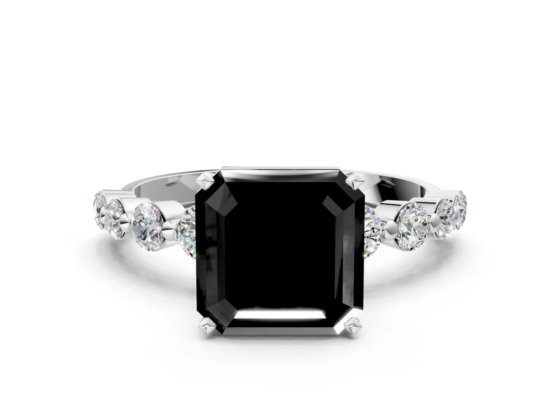 White gold Fancy Black Asscher Cut Solitaire Diamond Ring with Pave Band and Four-Prong Setting