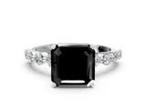 White gold Fancy Black Asscher Cut Solitaire Diamond Ring with Pave Band and Four-Prong Setting