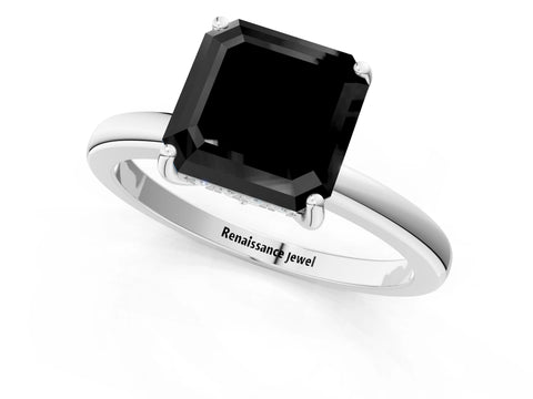 White gold Fancy Black Asscher Cut Solitaire Diamond Ring with Prong Setting and Plain Band_13