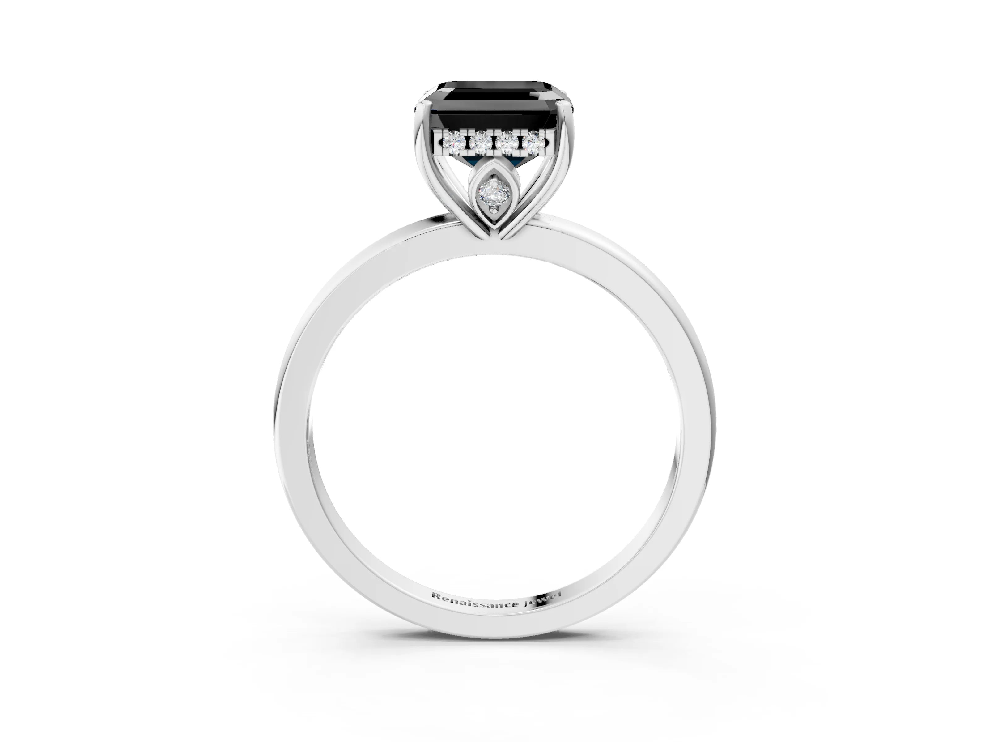 White gold Fancy Black Asscher Cut Solitaire Diamond Ring with Prong Setting and Plain Band_15