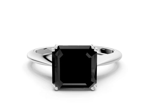 White gold Fancy Black Asscher Cut Solitaire Diamond Ring with Six-Prong Setting and Classic Band