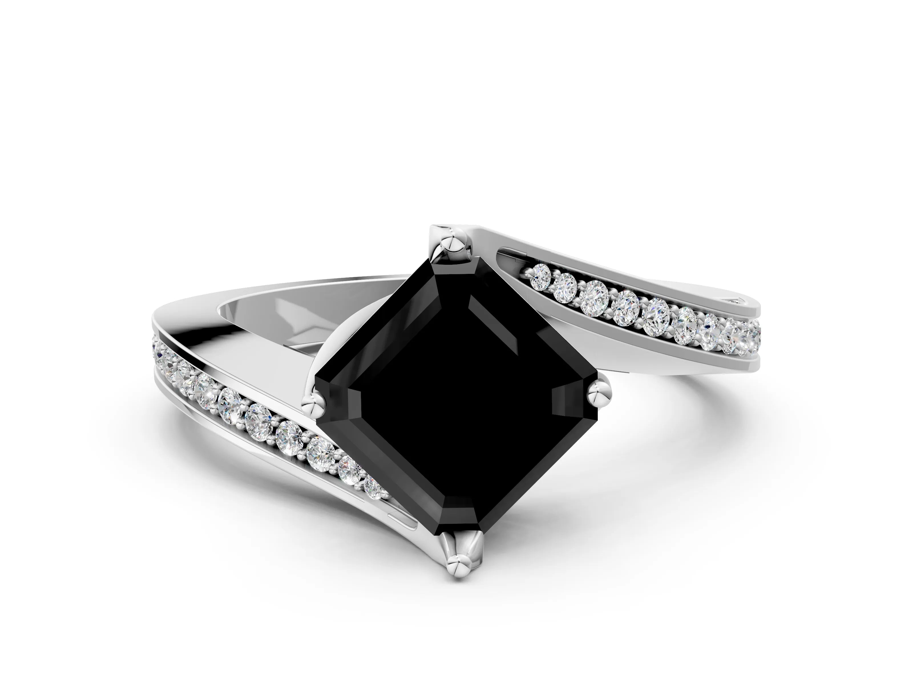 White gold Fancy Black Asscher Cut Solitaire Diamond Twist Band with Pavé Setting and Four-Prong Setting_12