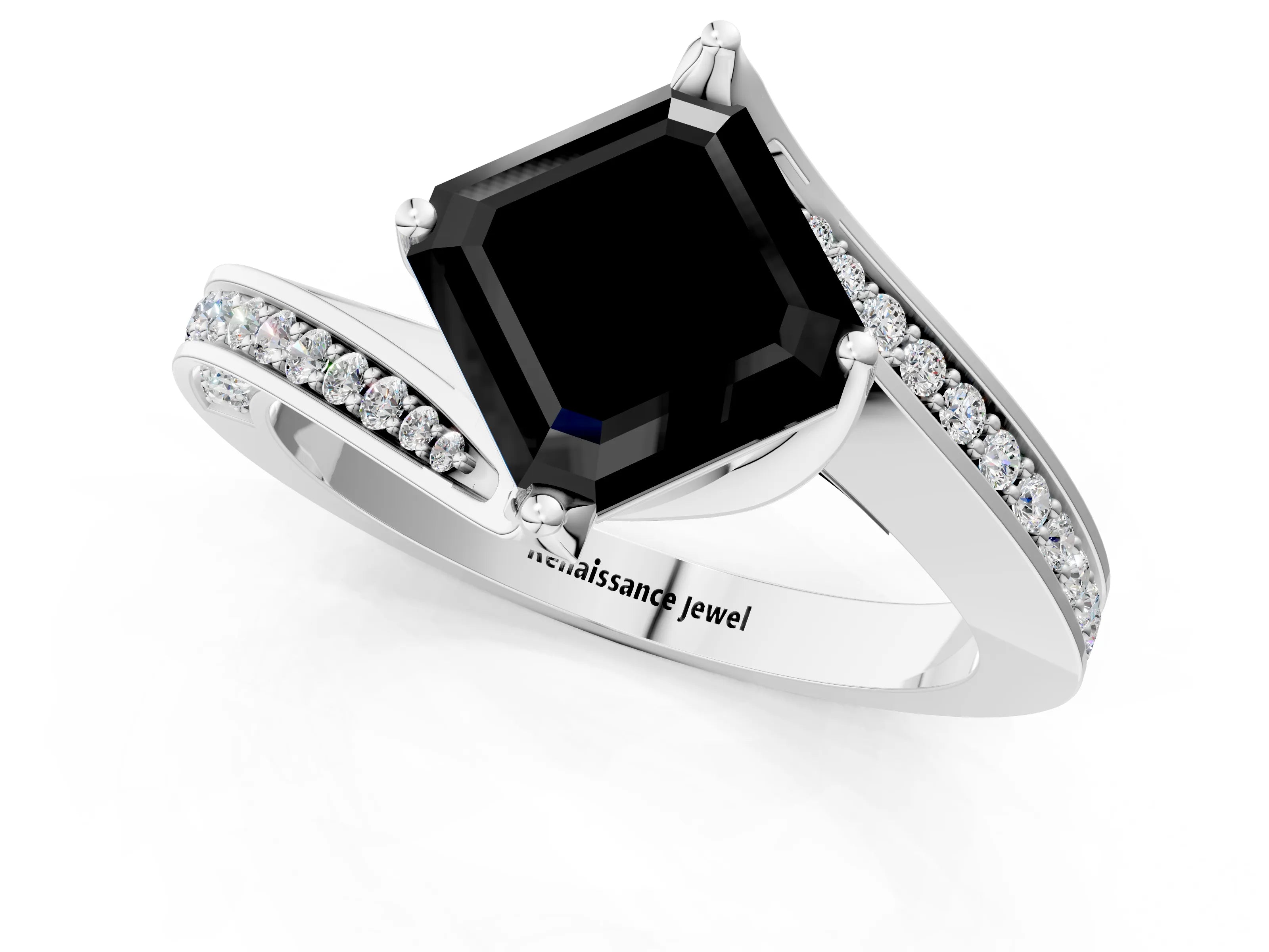 White gold Fancy Black Asscher Cut Solitaire Diamond Twist Band with Pavé Setting and Four-Prong Setting_13