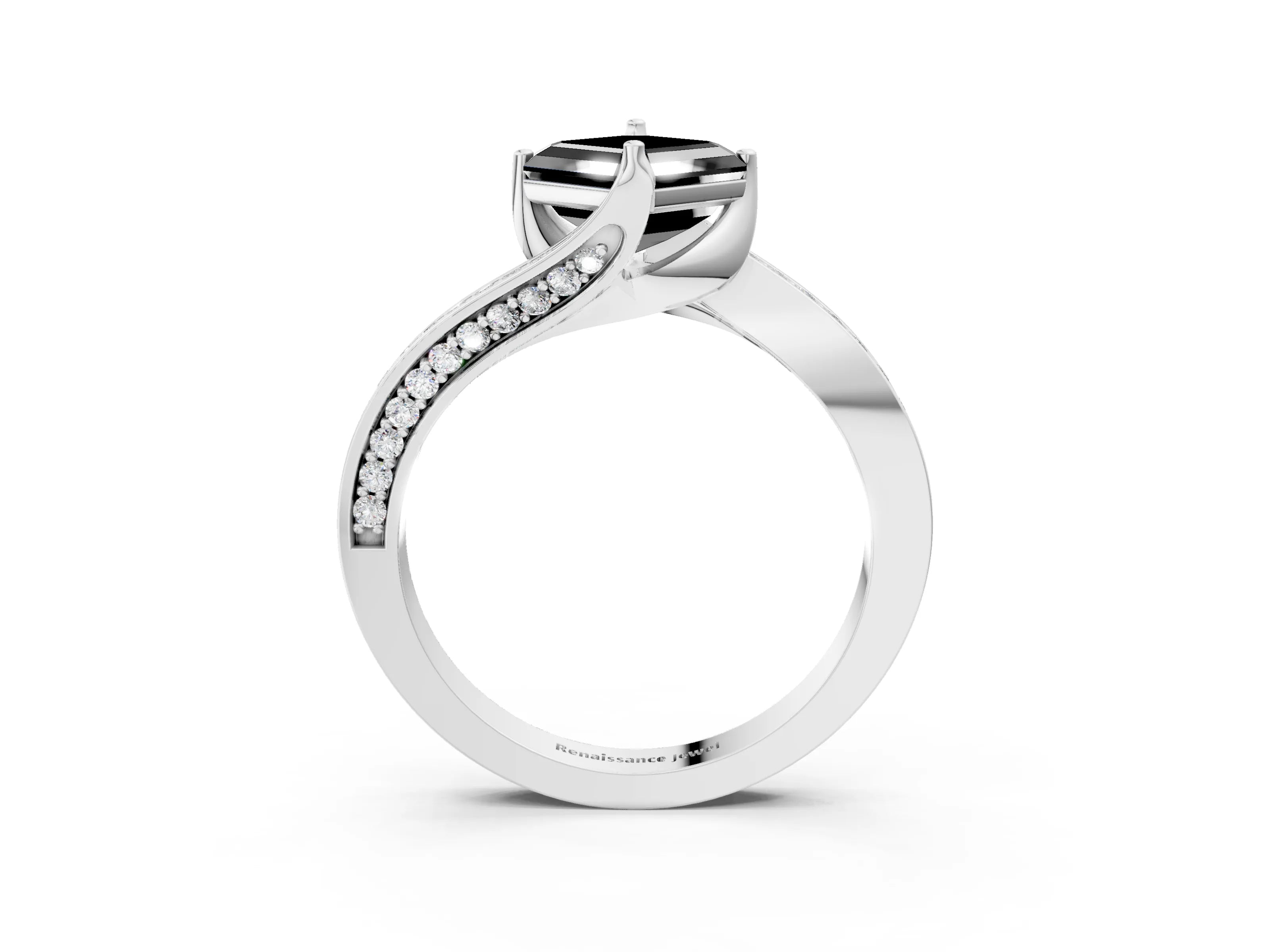 White gold Fancy Black Asscher Cut Solitaire Diamond Twist Band with Pavé Setting and Four-Prong Setting_15