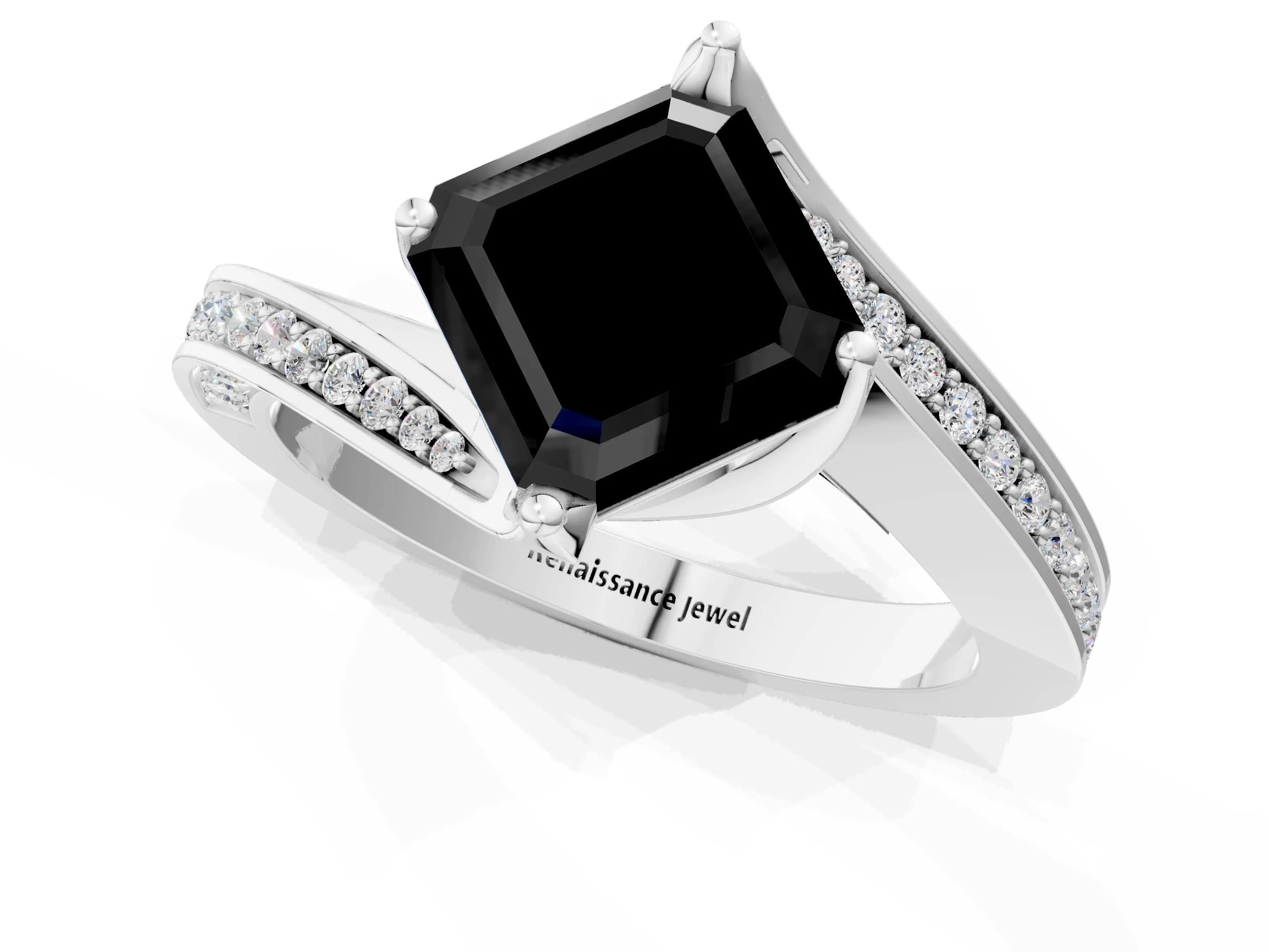 White gold Fancy Black Asscher Cut Solitaire Diamond Twist Band with Pavé Setting and Four-Prong Setting_1
