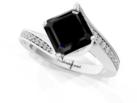 White gold Fancy Black Asscher Cut Solitaire Diamond Twist Band with Pavé Setting and Four-Prong Setting_1