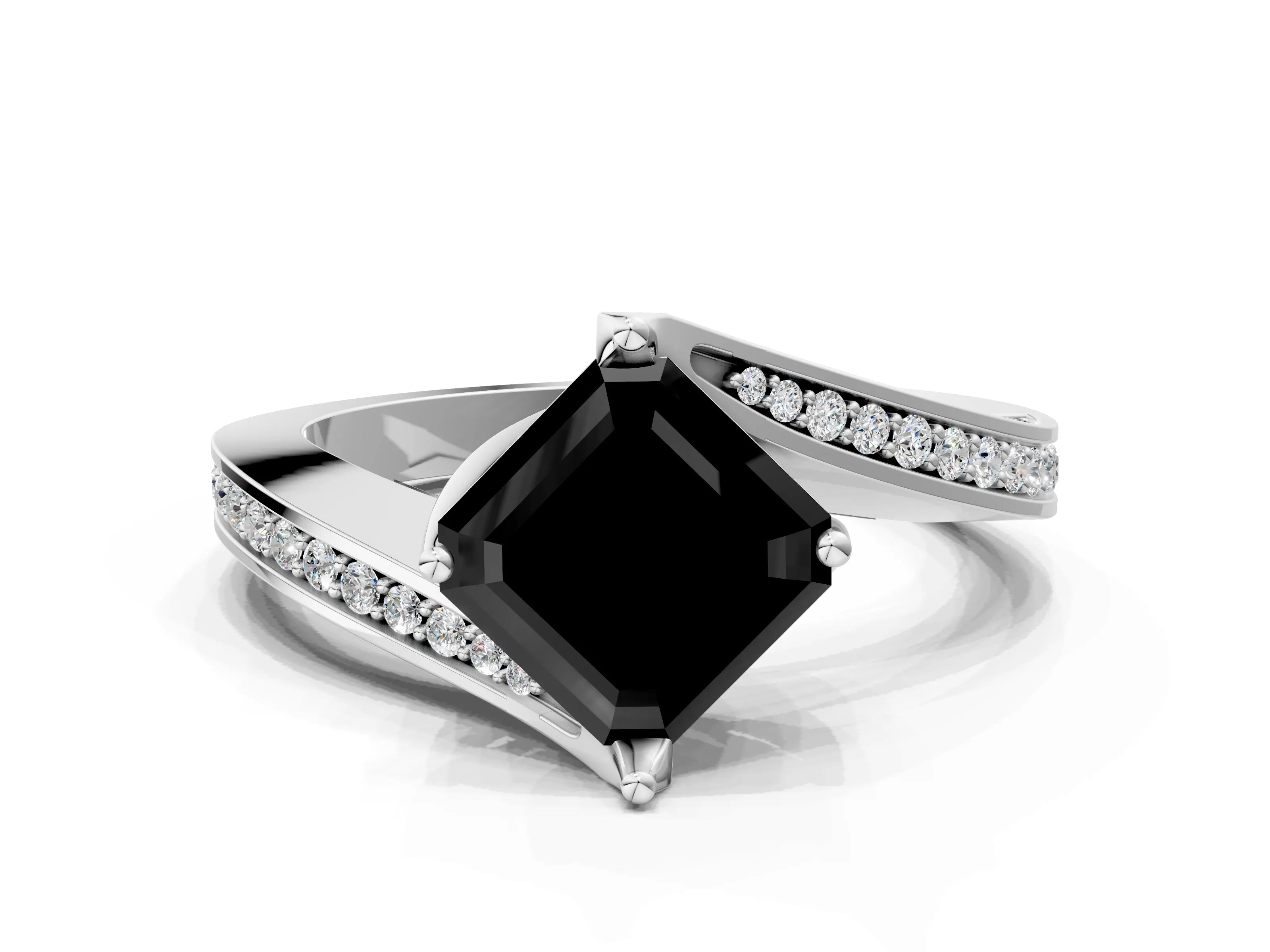 White gold Fancy Black Asscher Cut Solitaire Diamond Twist Band with Pavé Setting and Four-Prong Setting