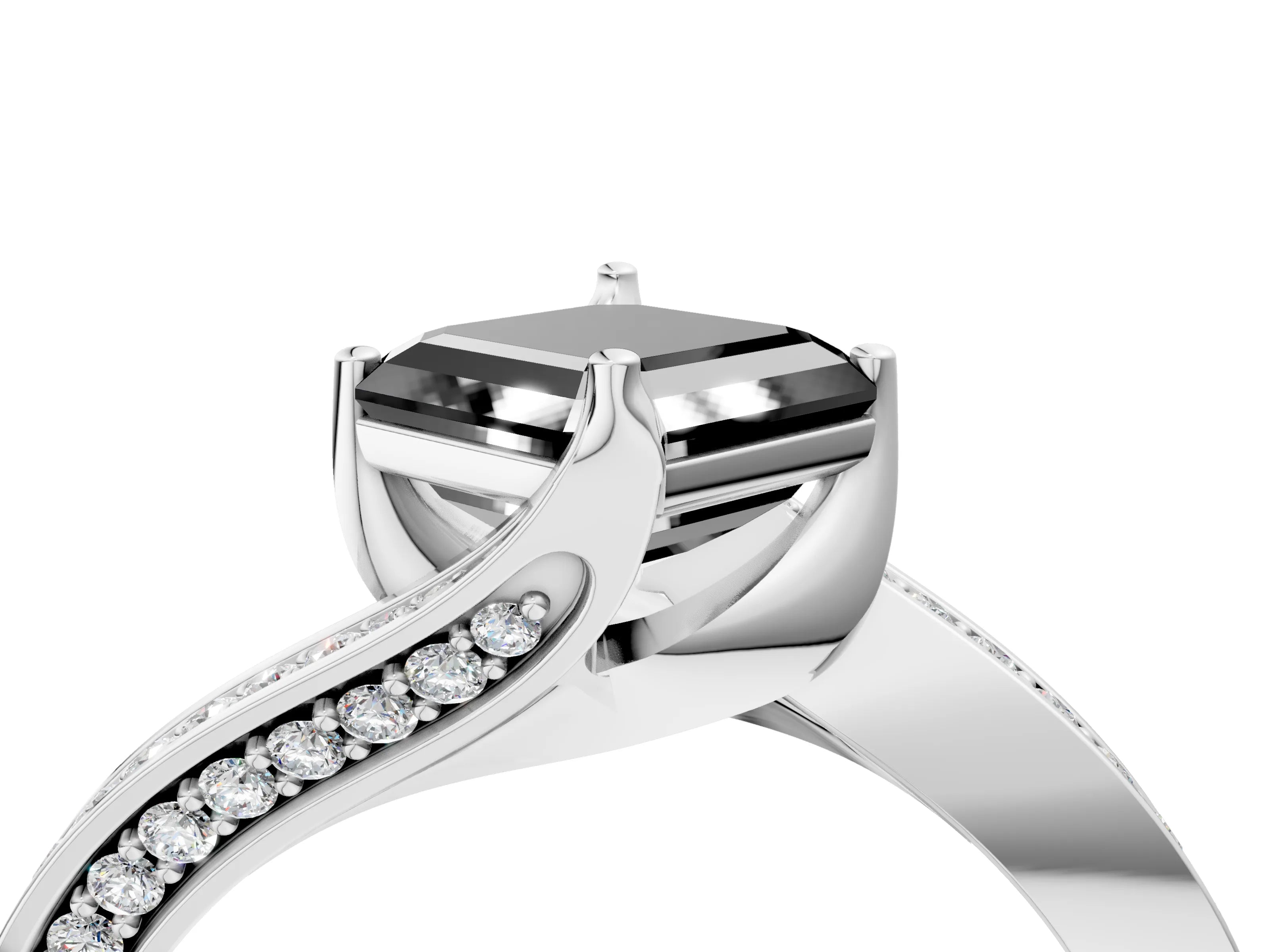 White gold Fancy Black Asscher Cut Solitaire Diamond Twist Band with Pavé Setting and Four-Prong Setting_4