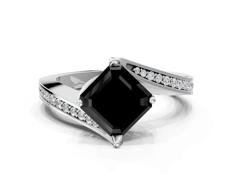 White gold Fancy Black Asscher Cut Solitaire Diamond Twist Band with Pavé Setting and Four-Prong Setting