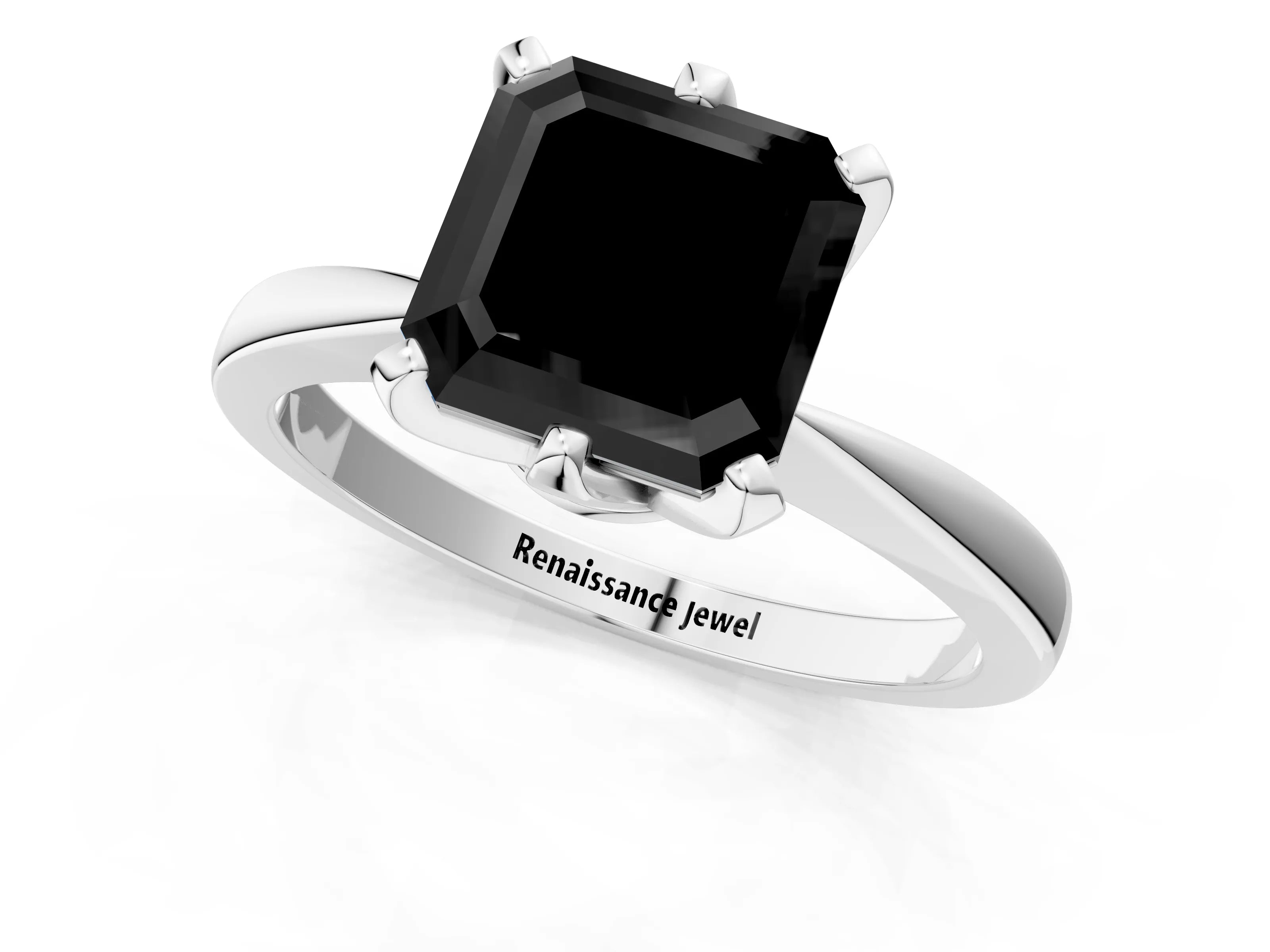 White gold Fancy Black Asscher Cut Solitaire Engagement Ring with Six-Prong Setting and Tapered Band_1