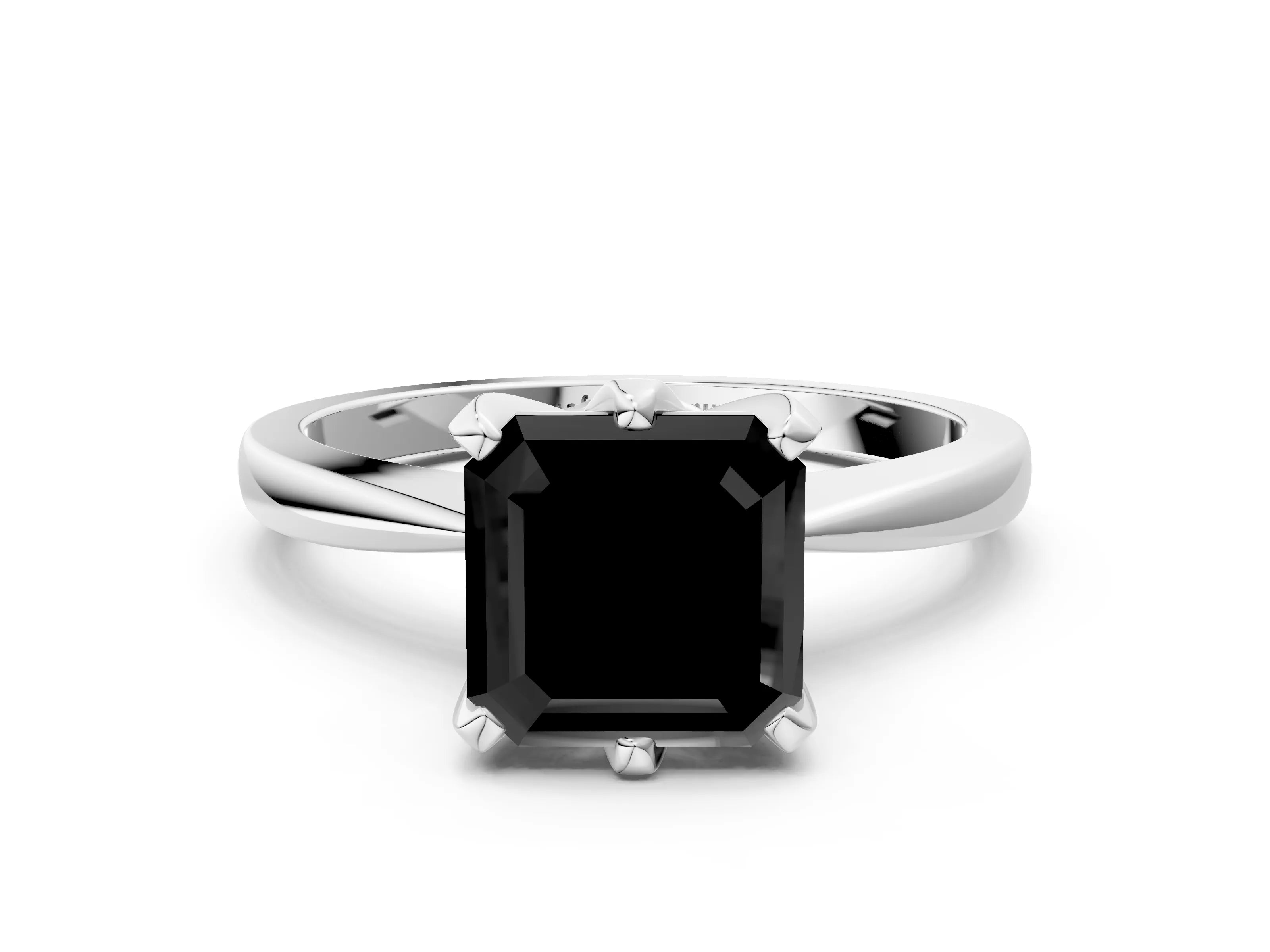 White gold Fancy Black Asscher Cut Solitaire Engagement Ring with Six-Prong Setting and Tapered Band