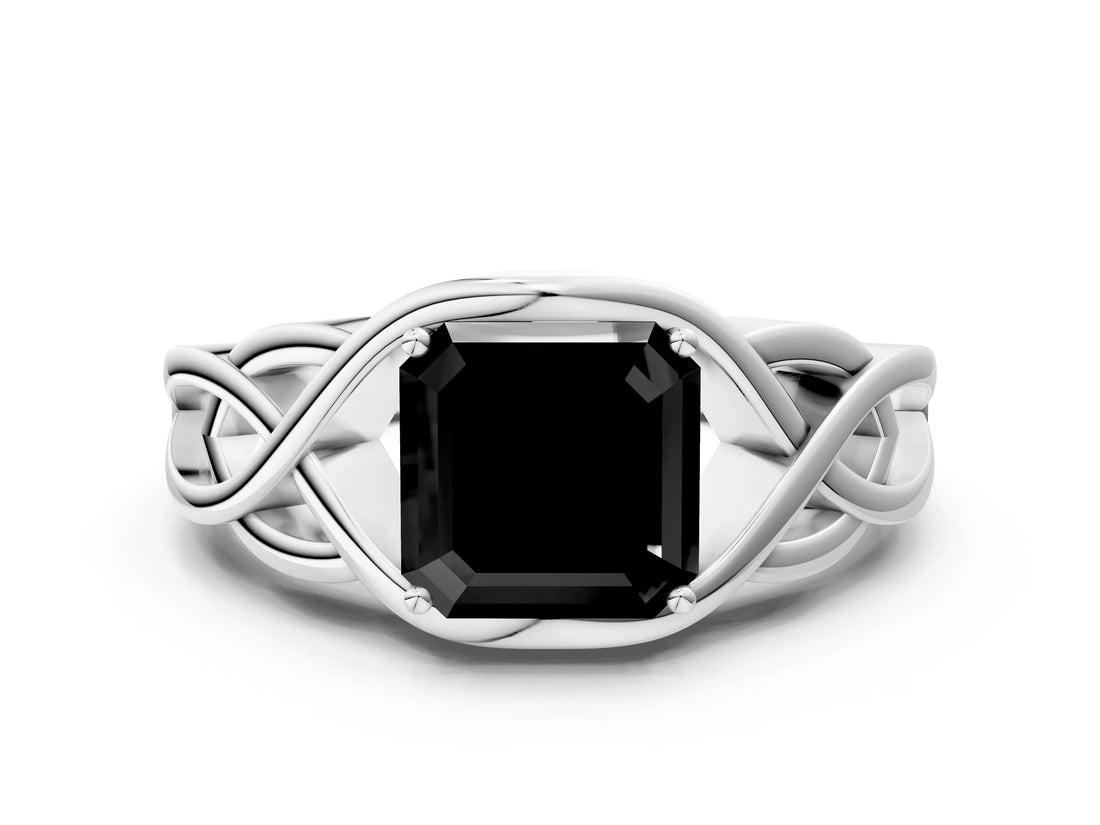 White gold Fancy Black Asscher Cut Solitaire Intertwined Band Prong Setting Ring