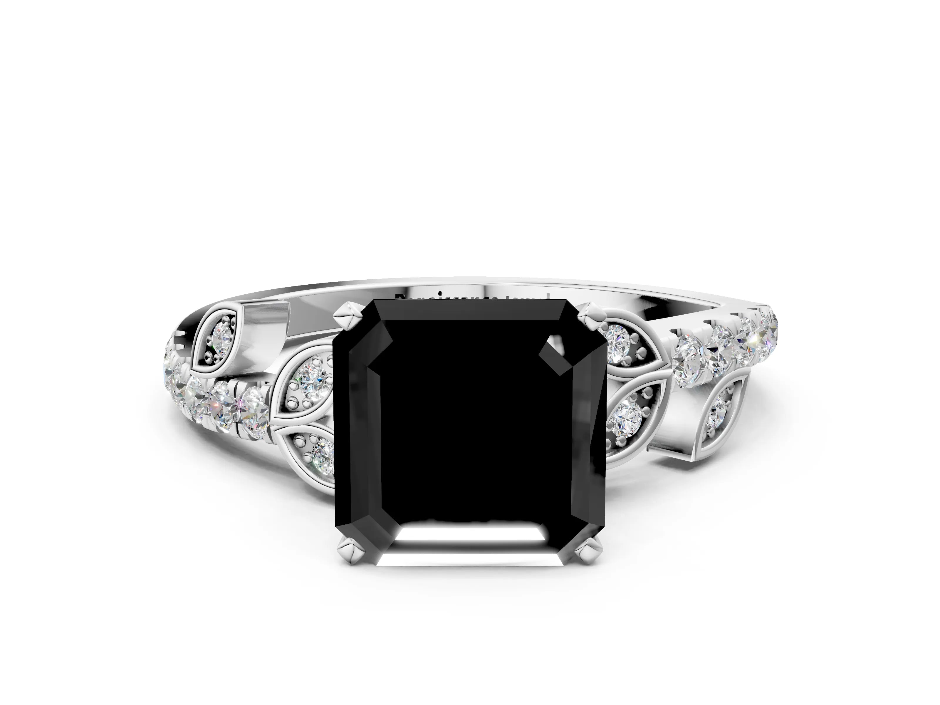 White gold Fancy Black Asscher Cut Solitaire Leaf-Inspired Diamond Ring with Pavé Band and Four-Prong Setting_12