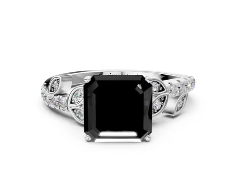 White gold Fancy Black Asscher Cut Solitaire Leaf-Inspired Diamond Ring with Pavé Band and Four-Prong Setting_12