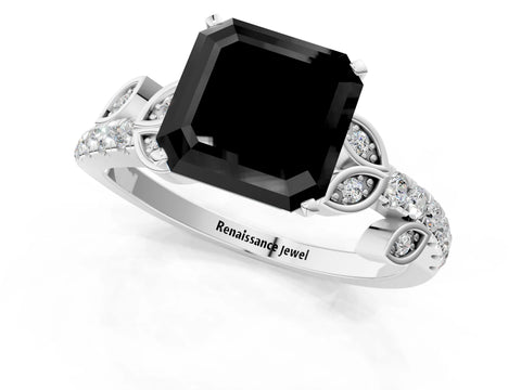 White gold Fancy Black Asscher Cut Solitaire Leaf-Inspired Diamond Ring with Pavé Band and Four-Prong Setting_13