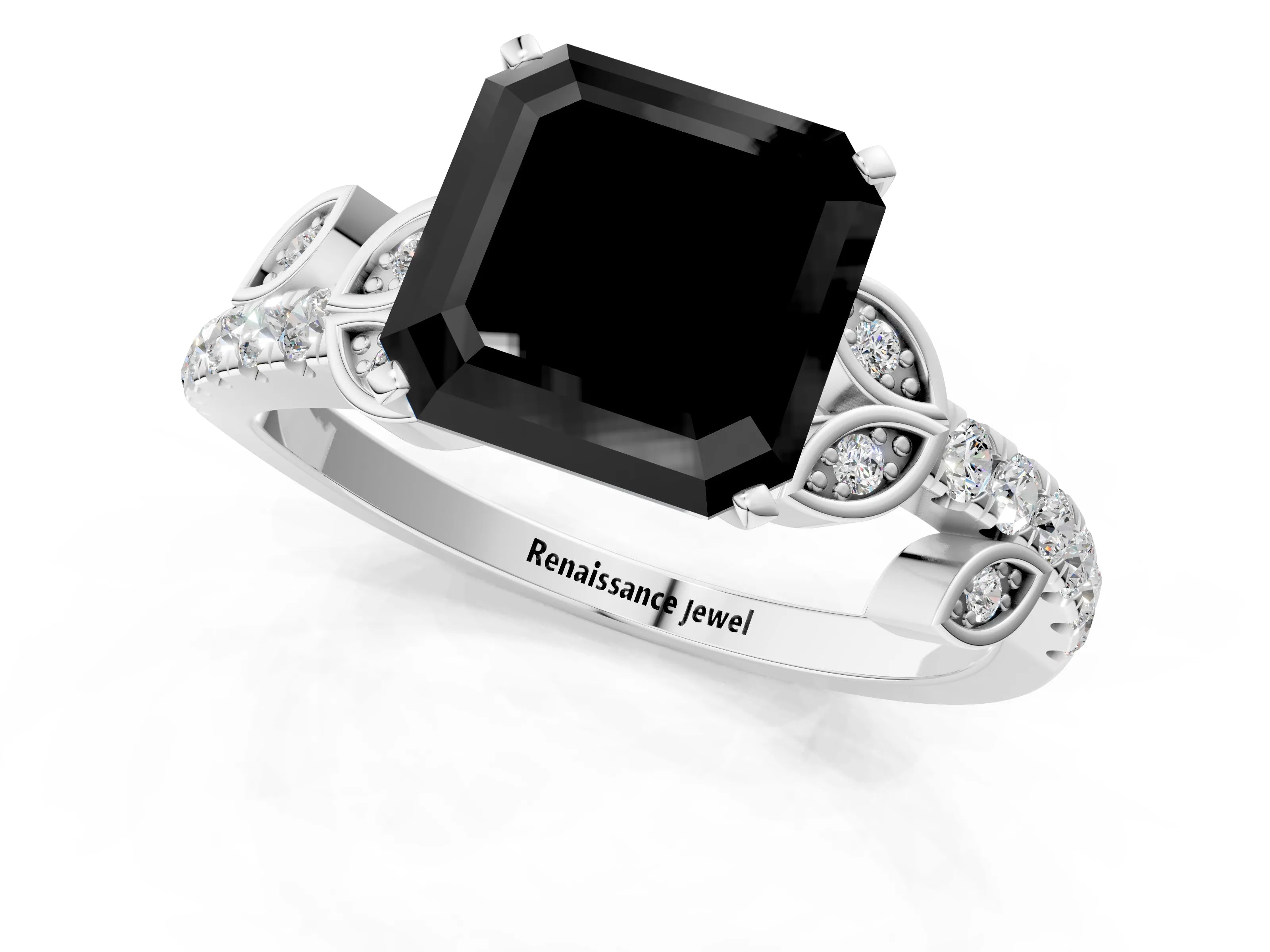 White gold Fancy Black Asscher Cut Solitaire Leaf-Inspired Diamond Ring with Pavé Band and Four-Prong Setting_13