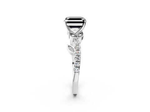 White gold Fancy Black Asscher Cut Solitaire Leaf-Inspired Diamond Ring with Pavé Band and Four-Prong Setting_14