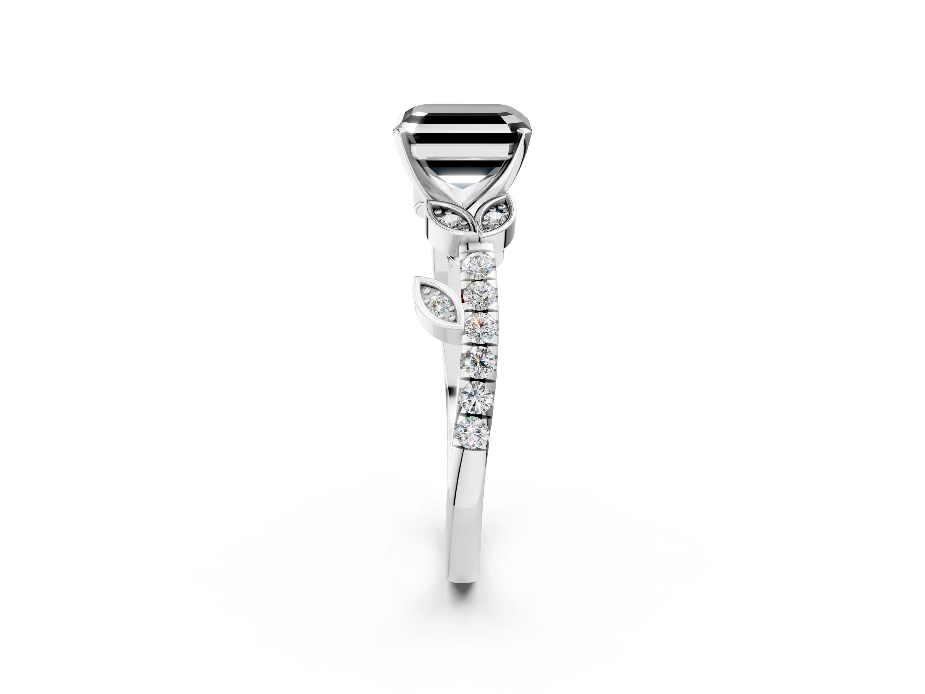 White gold Fancy Black Asscher Cut Solitaire Leaf-Inspired Diamond Ring with Pavé Band and Four-Prong Setting_14