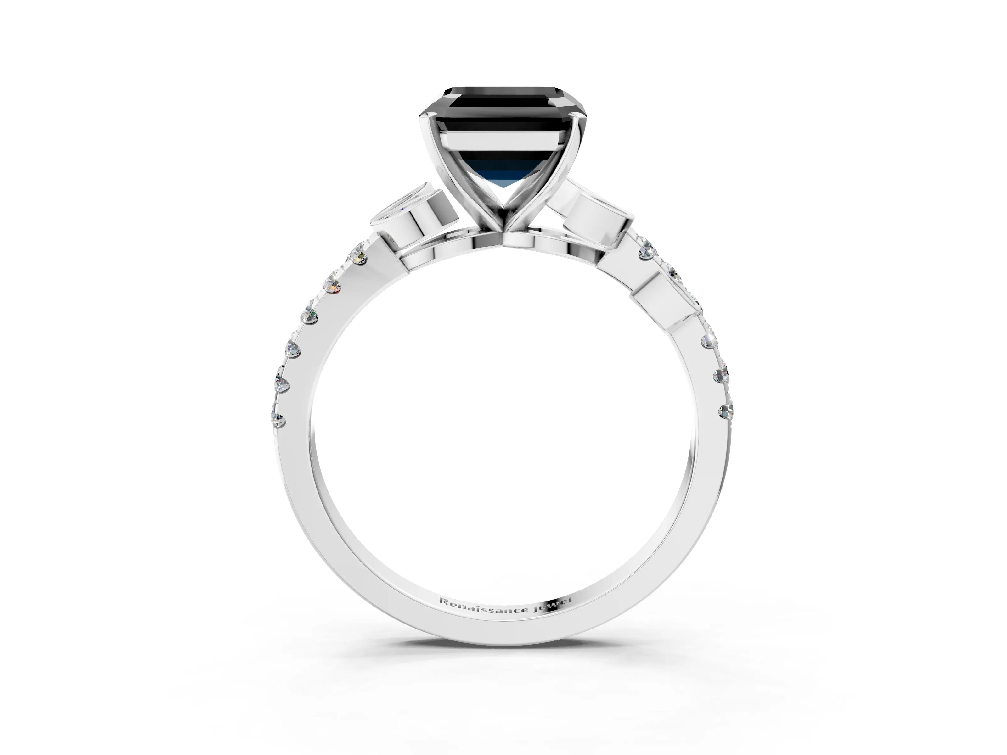 White gold Fancy Black Asscher Cut Solitaire Leaf-Inspired Diamond Ring with Pavé Band and Four-Prong Setting_15