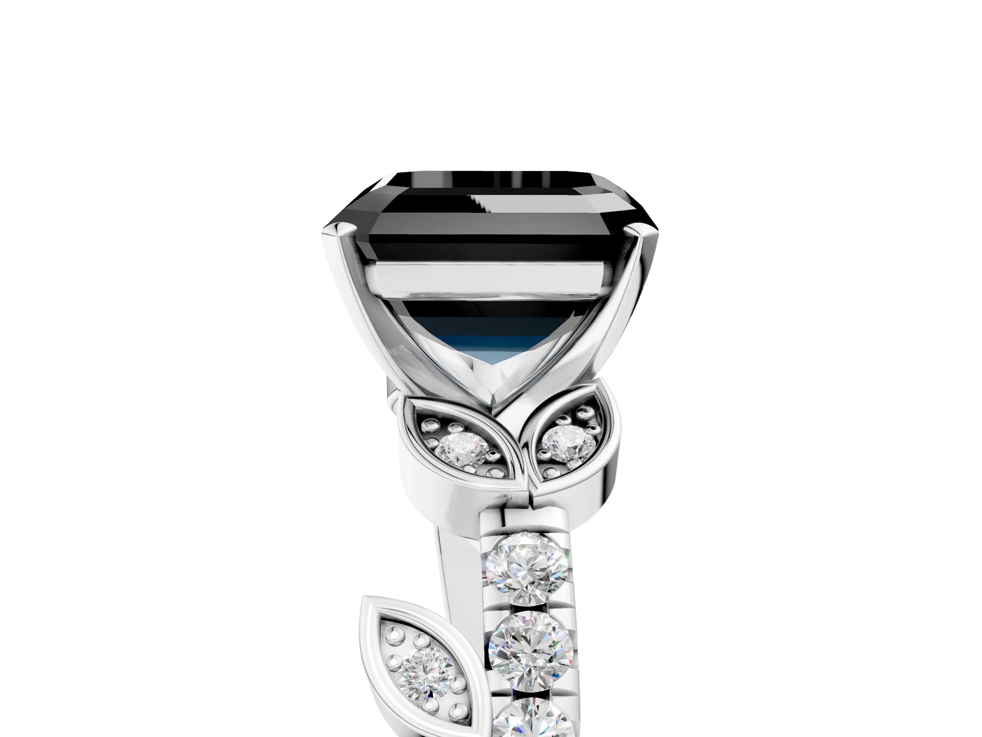 White gold Fancy Black Asscher Cut Solitaire Leaf-Inspired Diamond Ring with Pavé Band and Four-Prong Setting_17
