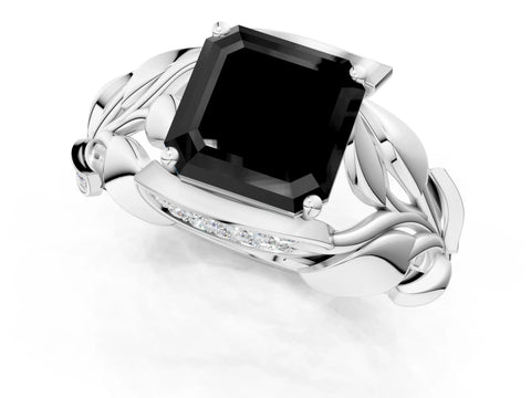 White gold Fancy Black Asscher Cut Solitaire Leaf-Inspired Engagement Ring with Prong Setting_1