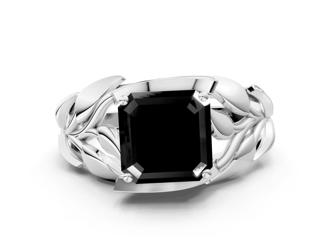 White gold Fancy Black Asscher Cut Solitaire Leaf-Inspired Engagement Ring with Prong Setting_24
