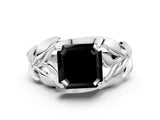 White gold Fancy Black Asscher Cut Solitaire Leaf-Inspired Engagement Ring with Prong Setting_24