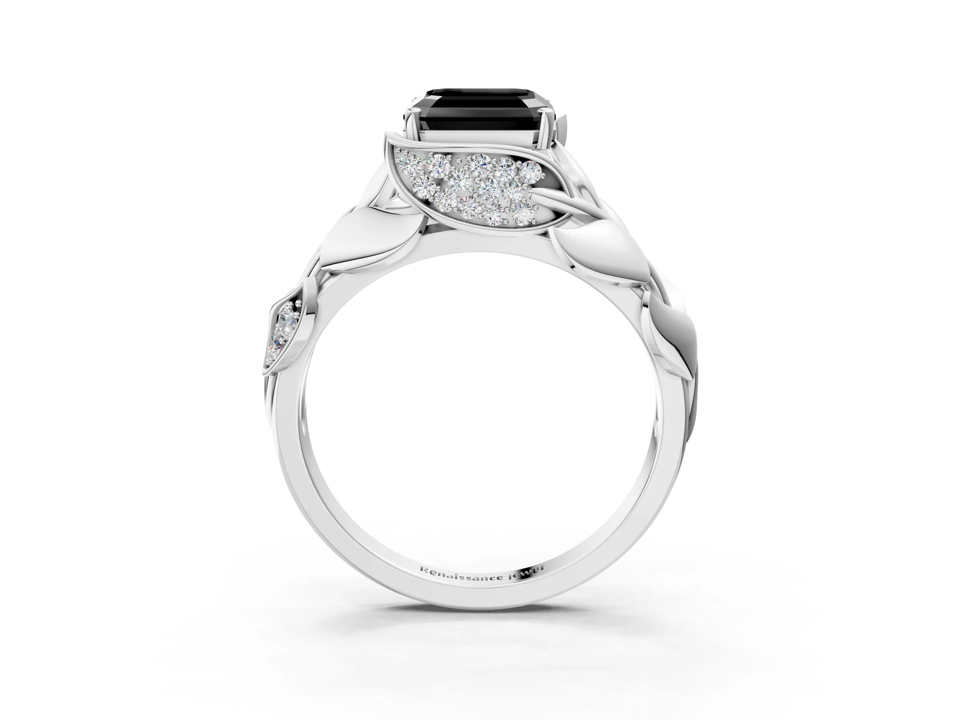 White gold Fancy Black Asscher Cut Solitaire Leaf-Inspired Engagement Ring with Prong Setting_3